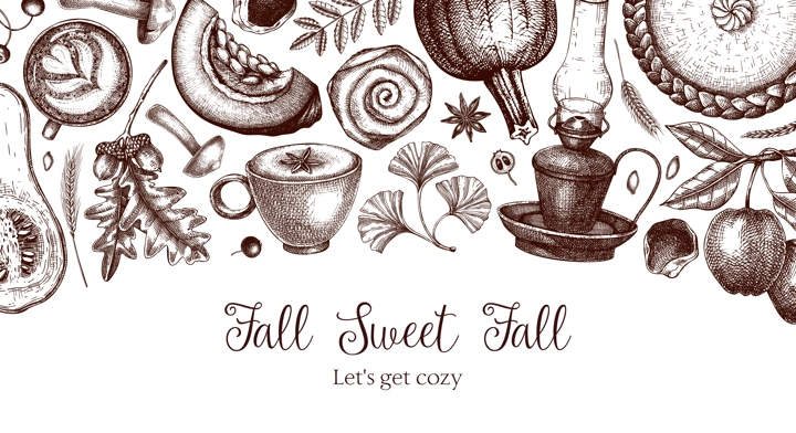 Vintage autumn banner design template. Hand-drawn vector illustration. Pumpkin, hot drink, fruit, pie, pastry, fall leaves sketches. Thanksgiving background